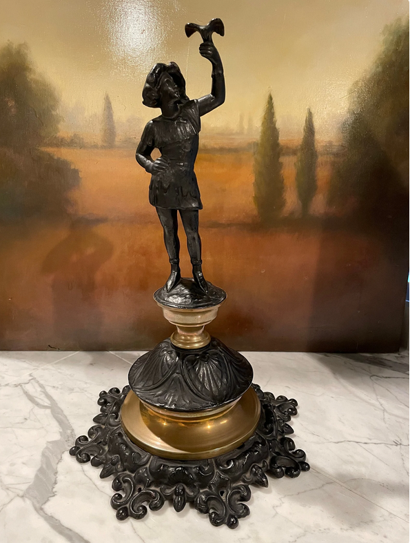 French Antique Falconer Statue / Renaissance Falconer Costume / Blackened Metal with Brass Fitted